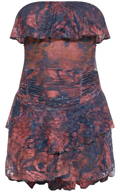 Dark Purple Print Crinkle Mesh Bandeau Ruffle Detail Mini Dress