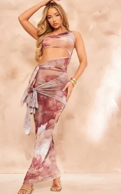 Dark Purple Printed Crinkle Mesh Cut Out Midi Dress