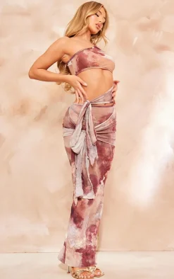 Dark Purple Printed Crinkle Mesh Cut Out Midi Dress