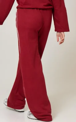 Dark Red Contrast Piping Detail Wide Leg Sweatpants