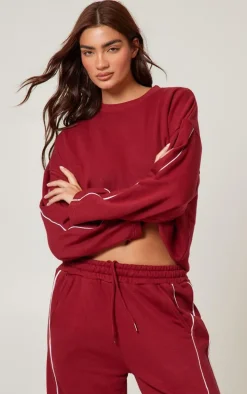Dark Red Contrast Piping Detail Wide Leg Sweatpants