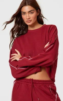 Dark Red Contrast Piping Detail Sweatshirt