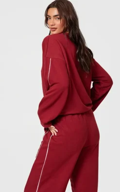 Dark Red Contrast Piping Detail Sweatshirt