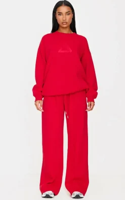 Dark Red Embroidered Straight Leg Sweatpants