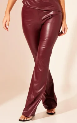 Dark Red Faux Leather High Waisted Flared Pants