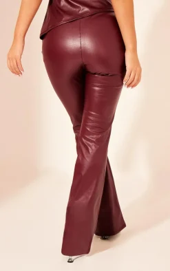 Dark Red Faux Leather High Waisted Flared Pants
