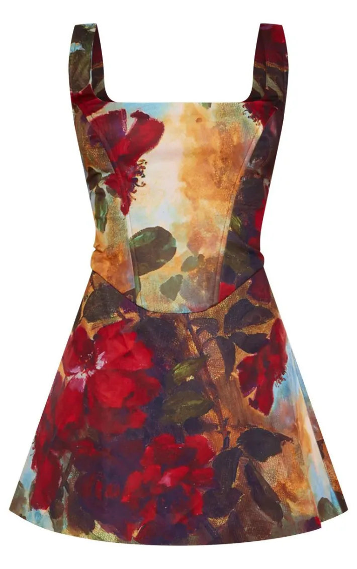 Dark Red Floral Corset A Line Shift Dress