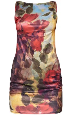 Dark Red Floral Print Racer Neck Cowl Back Mini Dress