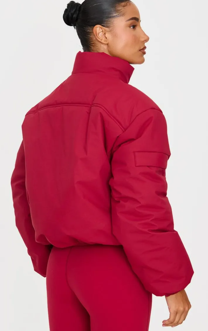 Dark Red High Neck Cropped Puffer Jacket
