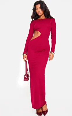 Dark Red Long Sleeve Cut Out Maxi Dress