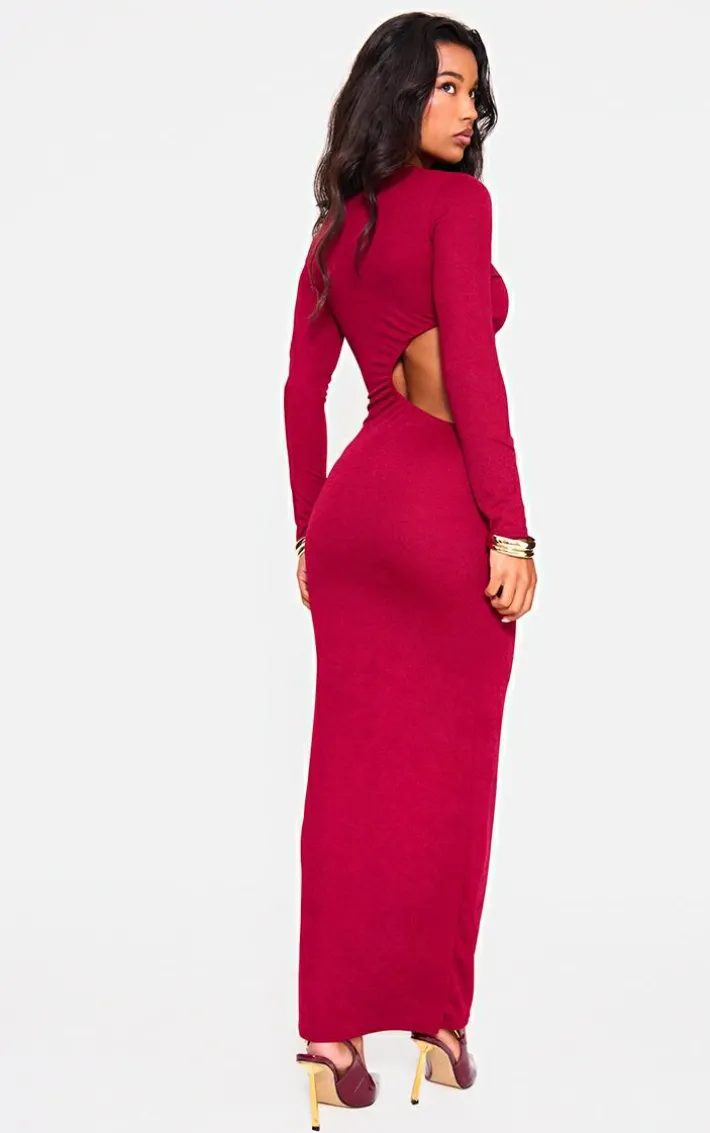 Dark Red Long Sleeve Cut Out Maxi Dress