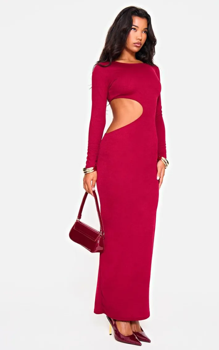 Dark Red Long Sleeve Cut Out Maxi Dress