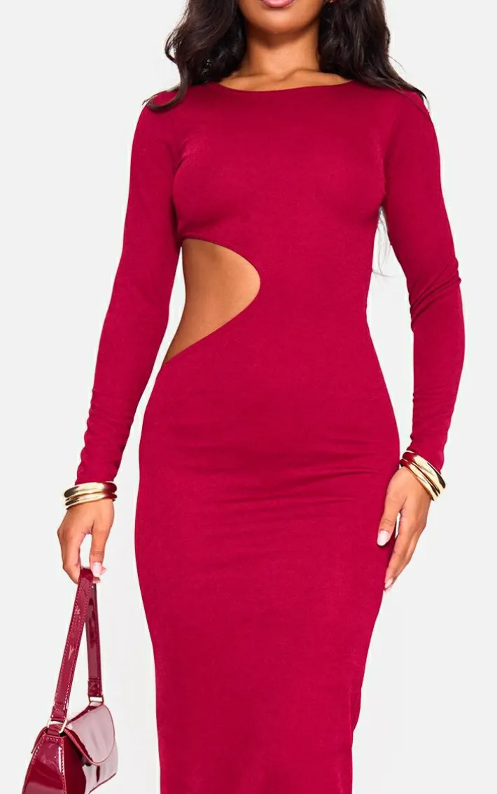 Dark Red Long Sleeve Cut Out Maxi Dress