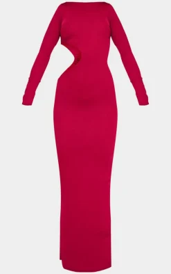 Dark Red Long Sleeve Cut Out Maxi Dress