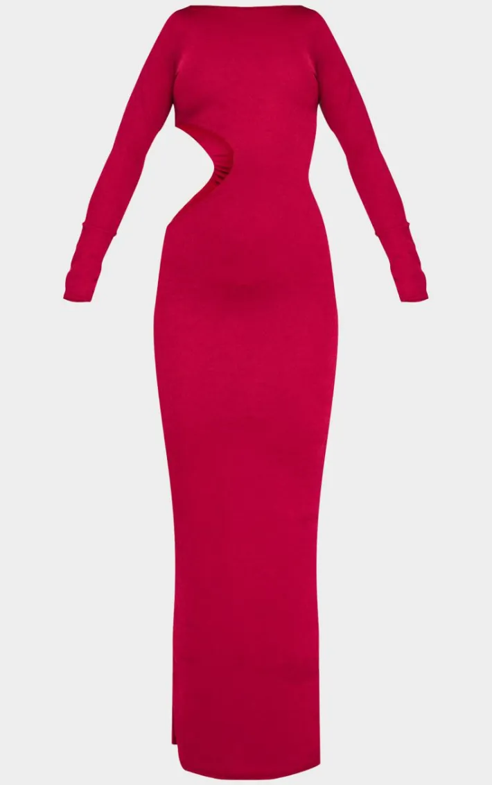 Dark Red Long Sleeve Cut Out Maxi Dress