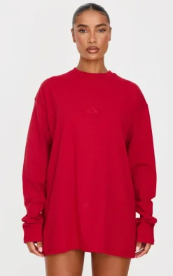 Dark Red Print Oversized Long Sleeve T-Shirt