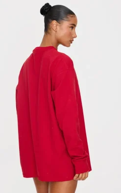 Dark Red Print Oversized Long Sleeve T-Shirt