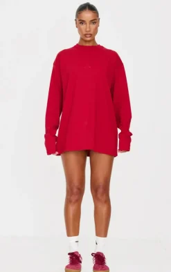 Dark Red Print Oversized Long Sleeve T-Shirt