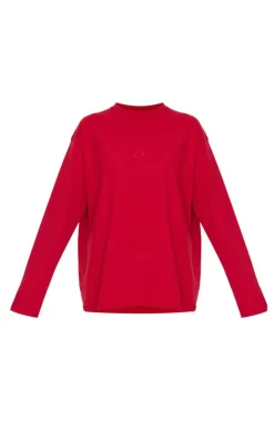 Dark Red Print Oversized Long Sleeve T-Shirt