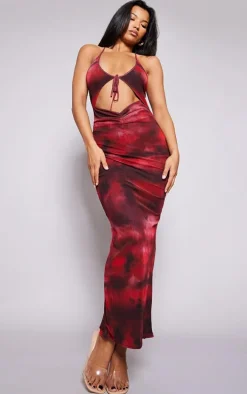 Dark Red Printed Mesh Cut Out Halter Neck Midaxi Dress