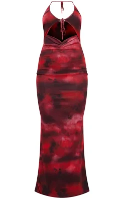 Dark Red Printed Mesh Cut Out Halter Neck Midaxi Dress
