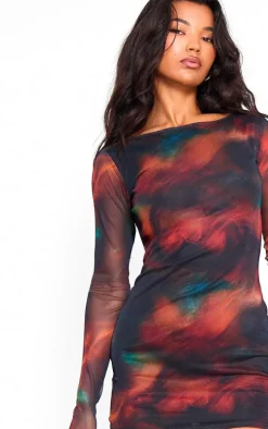 Dark Red Printed Mesh Long Sleeve Bodycon Dress