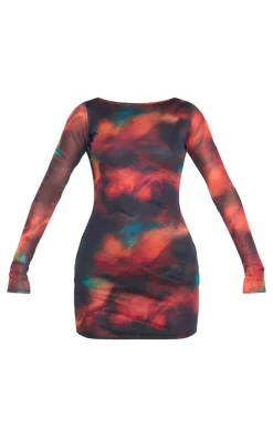 Dark Red Printed Mesh Long Sleeve Bodycon Dress