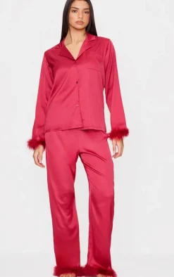 Dark Red Satin Feather Trim Long Pj Set