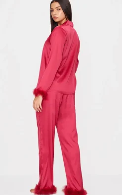 Dark Red Satin Feather Trim Long Pj Set