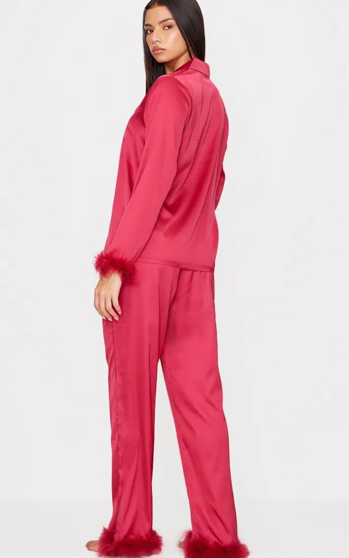 Dark Red Satin Feather Trim Long Pj Set