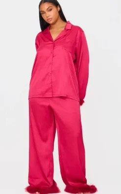 Dark Red Satin Feather Trim Long Pj Set
