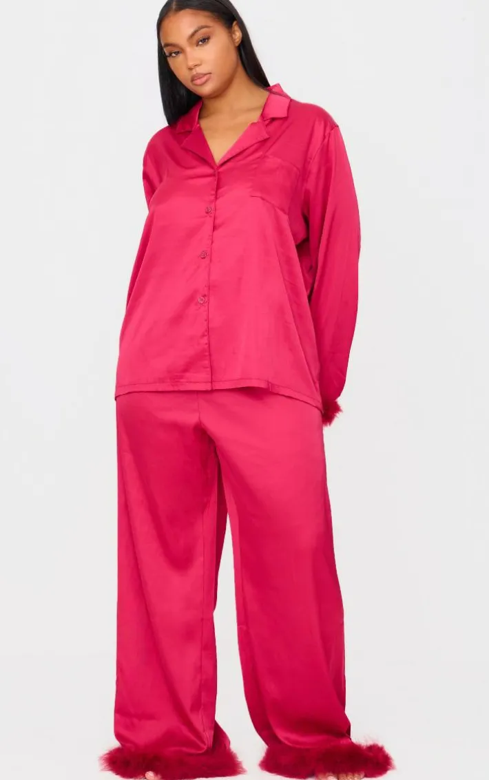 Dark Red Satin Feather Trim Long Pj Set