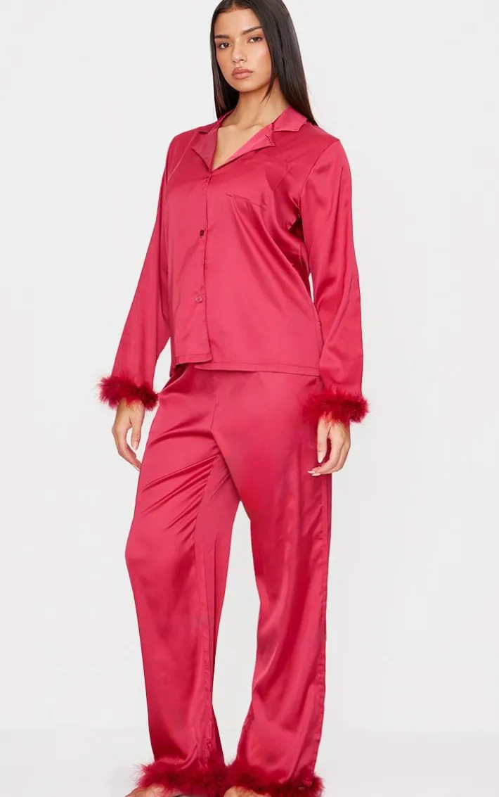 Dark Red Satin Feather Trim Long Pj Set
