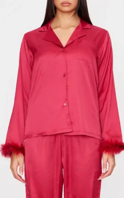 Dark Red Satin Feather Trim Long Pj Set