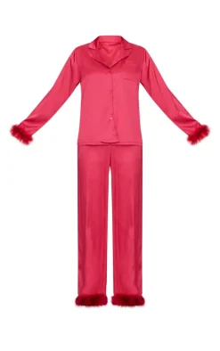 Dark Red Satin Feather Trim Long Pj Set