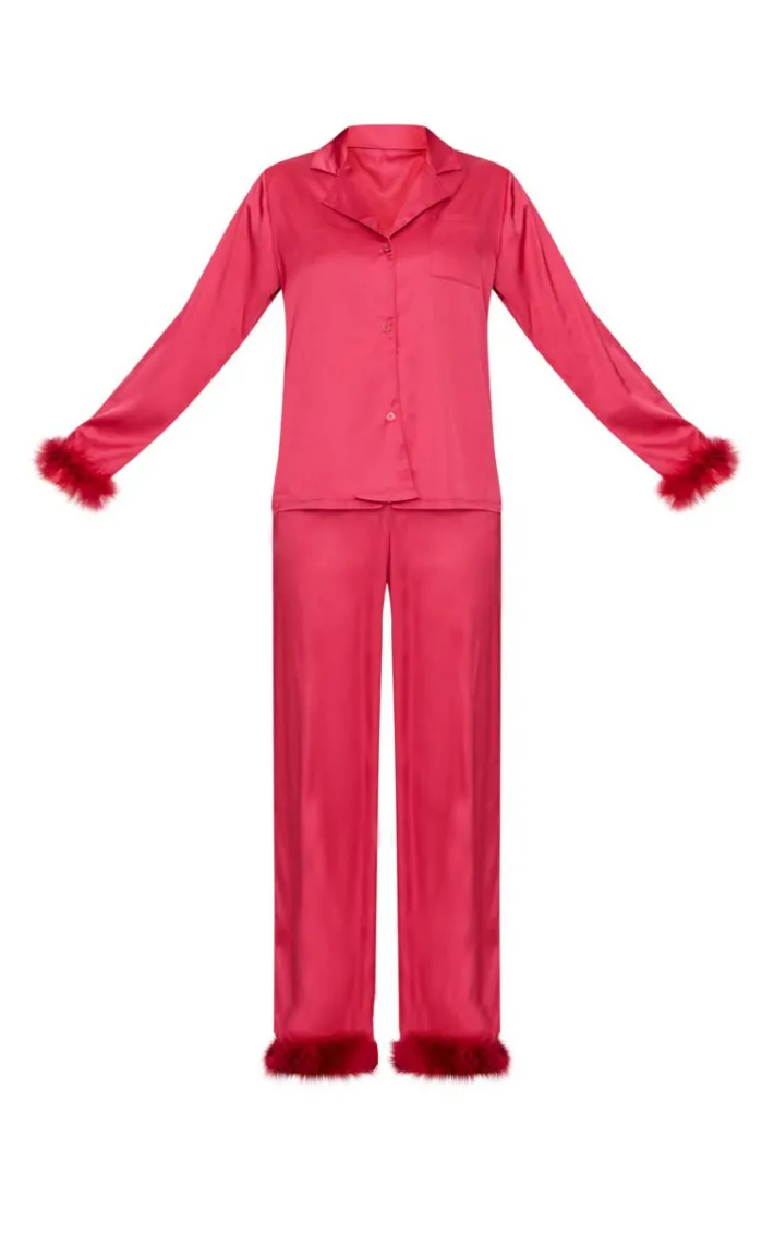 Dark Red Satin Feather Trim Long Pj Set