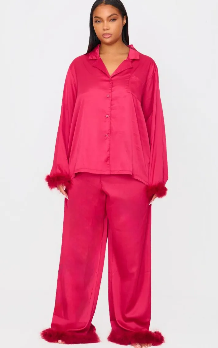 Dark Red Satin Feather Trim Long Pj Set