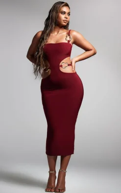 Dark Red Slinky One Shoulder Trim Detail Midaxi Dress