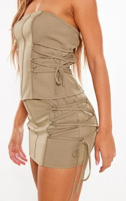 Dark Stone Woven Lace Up Side Strap Detail Bandeau Corset