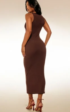 Dark Taupe Lined Mesh Asymmetrical Knotted Midaxi Dress