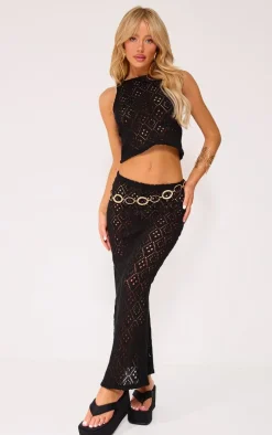 Deep Black Textured Rib Low Rise Midaxi Skirt