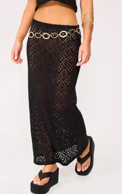 Deep Black Textured Rib Low Rise Midaxi Skirt