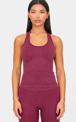 Deep Burgundy Acid Wash Seamless Rib Halter Neck Gym Top