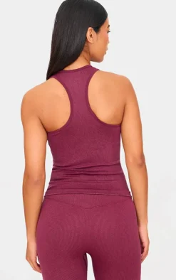 Deep Burgundy Acid Wash Seamless Rib Halter Neck Gym Top