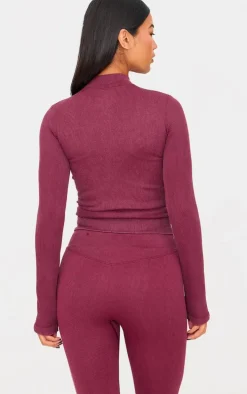 Deep Burgundy Acid Wash Seamless Ribbed Zip Up Cropped Sports Jacket