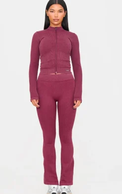 Deep Burgundy Acid Wash Seamless Ribbed Zip Up Cropped Sports Jacket