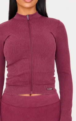 Deep Burgundy Acid Wash Seamless Ribbed Zip Up Cropped Sports Jacket