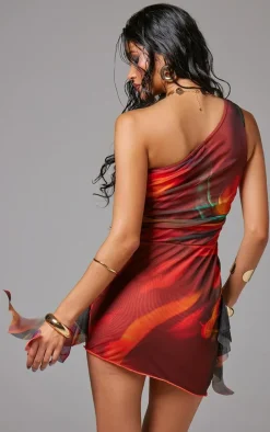 Deep Orange Abstract Print Mesh One Shoulder Bodycon Dress