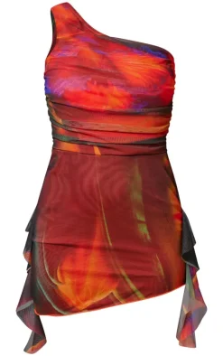 Deep Orange Abstract Print Mesh One Shoulder Bodycon Dress