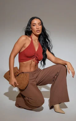 Deep Orange Ruched Channel Halterneck Soft Knit Top